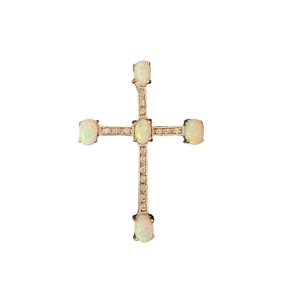 Sterling silver, lab diamonds, opal cross pendant 2 inches...